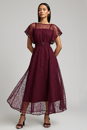 Illusion Neck Burgundy Tulle A Line Wedding Guest Dress